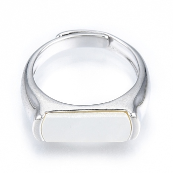 Natural Shell Rectangle Adjustable Ring, Brass Signet Ring for Women, Nickel Free, Real Platinum Plated, US Size 6(16.5mm)
