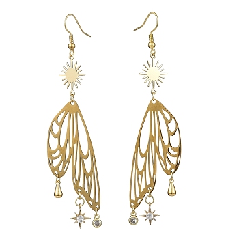 Sun & Butterfly Brass Chandelier Earrings, Cubic Zirconia Long Drop Earrings, Golden, 91x20mm