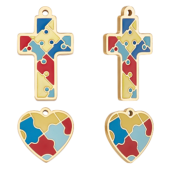 8Pcs 2 Style Vacuum Plating 304 Stainless Steel Enamel Pendants, Manual Polishing, Heart/Cross with Puzzle Pattern, Real 18K Gold Plated, 15~25x15x1mm, Hole: 1.2~1.4mm, 4pcs/style