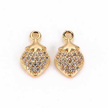 Brass Micro Pave Clear Cubic Zirconia Charms, Nickel Free, Strawberry, Real 18K Gold Plated, 13x8x3mm, Hole: 1.2mm