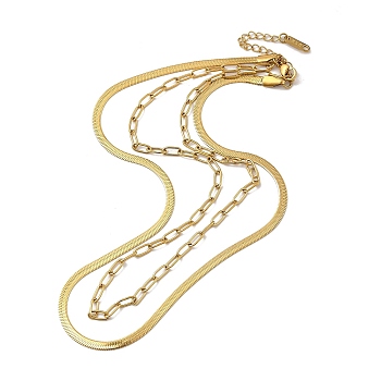 304 Stainless Steel Paperclip & Herringbone Chains Double Layer Necklace for Men Women, Golden, 15.63 inch(39.7cm)