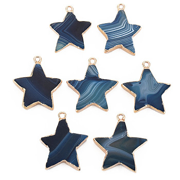 Natural Agate Pendants, with Light Gold Plated Iron Findings, Star, Dyed & Heated, Prussian Blue, 29~34x25~31x4~6.5mm, Hole: 2mm