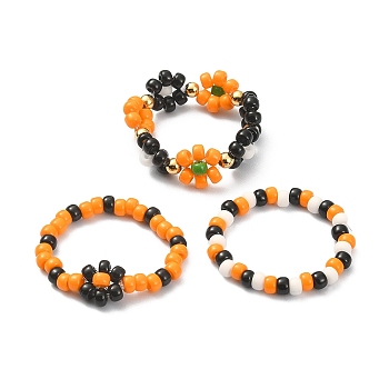 3Pcs 3 Style Glass Seed Beaded Flower Stretch Rings Set for Halloween, Mixed Color, Inner Diameter: 18mm, 1Pc/style