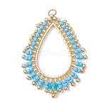 Glass Seed Beaded Pendnats, Teardrop Charms, with 201 Stainless Steel Linking Rings & 304 Stainless Steel Open Jump Rings, Deep Sky Blue, 38~39x29~30x2mm, Hole: 3mm(PALLOY-MZ01361-02)