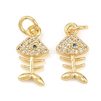 Brass Micro Pave Clear Cubic Zirconia Charms, Fishbone Charms, with Jump Ring, Real 18K Gold Plated, 14.5x8x2.5mm, Hole: 3.5mm(KK-G549-12G)