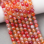 Natural Banded Agate Beads Strands, Round, Faceted, Pearl Luster Plated, Orange Red, 6mm, Hole: 1mm, about 63pcs/strand, 15.04''(38.2cm)(G-B191-A01-6mm)