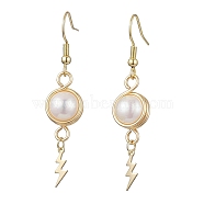 Natural Cultured Freshwater Pearl Dangle Earrings, Stainless Steel with Brass Charms, Lightning Bolt, 52x10.5mm(EJEW-JE05738-02)