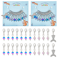 Round & Mermaid Fishtail Pendant Stitch Markers, Crackle Glass & Acrylic & Alloy Crochet Lobster Clasp Charms, Locking Stitch Marker with Wine Glass Charm Ring, Mixed Color, 3~4.4cm, 12pcs/set, 2 sets/box(HJEW-AB00312)