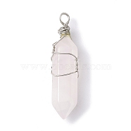 Natural Rose Quartz Copper Wire Wrapped Faceted Pendants, Double Terminated Pointed Bullet Charms, Silver, 39x10.5x10mm, Hole: 3mm(PALLOY-JF02474-02)