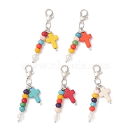 Cross & Round Synthetic Turquoise Pendant Decoration, with ABS Plastic Imitation Pearl Round Beads and Zinc Alloy Lobster Claw Clasps, Mixed Color, 59mm(HJEW-JM01174)