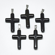 Natural Black Gemstone Pendants, with Stainless Steel Snap On Bails, Cross, Stainless Steel Color, 44~46x28x8mm, Hole: 3~4x7~8.5mm(G-T122-18N)