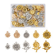 100Pcs 10 Style Alloy Pendants, Sunflower, Mixed Color, 14.5~27x12~19x2~3.5mm, Hole: 1.4~2mm, 10pcs/style(FIND-EL0001-02)