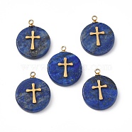 Natural Lapis Lazuli Pendants, Flat Round with Vacuum Plating 201 Stainless Steel Cross Pattern, Real 18K Gold Plated, 18.5~19.5x14.5~15x3~4mm, Hole: 1.4mm(STAS-C064-VC862)