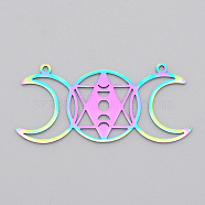 Ion Plating(IP) 201 Stainless Steel Connector Charms, Laser Cut Triple Moon Goddess Links, Religion, Flat Round with Star of David, Rainbow Color, 22x47x1mm, Hole: 1.5mm(STAS-S105-LA522)