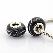 Handmade Lampwork European Large Hole Rondelle Beads, with Silver Plated Brass Double Cores, Black, 14x9mm, Hole: 5mm(X-LPDL-M011-05)