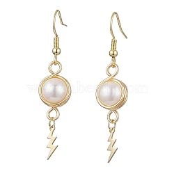 Natural Cultured Freshwater Pearl Dangle Earrings, Stainless Steel with Brass Charms, Lightning Bolt, 52x10.5mm(EJEW-JE05738-02)