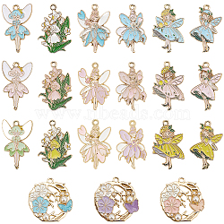 42Pcs 21 Styles Rack Plating Alloy Enamel Pendants, Golden, Angel & Flower Charm, Mixed Color, 28~30x19~21x1.5~5mm, Hole: 1.8~2mm, 2pcs/style(ENAM-SC0006-50)