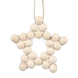 Star Wood Beads Pendant Decorations, Jute Cord for Christmas Tree Hanging Ornaments, Bisque, 180mm(HJEW-TA00299)