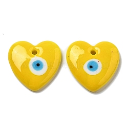 Handmade Evil Eye Lampwork Pendants, Heart Charms, Gold, 34.5~35x35~35.5x6.5~8mm, Hole: 3mm(LAMP-F035-11C)