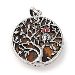 Natural Tiger Eye Tree of Life with Owl Pendants, Rack Plating Anstique Silver Plated Alloy Siam Rhinestone Flat Round Charms, Lead Free & Cadmium Free, 31.5x27.5x10~11mm, Hole: 8x4mm(G-L524-15AS-09)