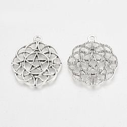 Tibetan Style Alloy Pentacle Pendants, Wicca Pendants, Flower with Star, Antique Silver, 32x28x2mm, Hole: 2mm(TIBEP-T004-42AS)