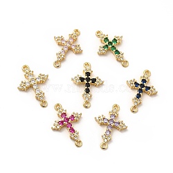 Eco-Friendly Rack Plating Brass Pave Cubic Zirconia Connector Charms, Lead Free & Cadmium Free, Real 18K Gold Plated, Religion Cross Links, Mixed Color, 24.5x16.5x3.5mm, Hole: 1.4~1.5mm(KK-F847-06G)