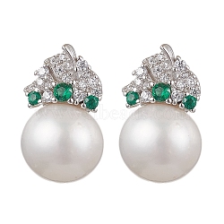 Natural Pearl Ear Studs, with Sterling Silver Micro Pave Cubic Zirconia Findings, Round, Platinum, 15x9mm(EJEW-P286-38P)