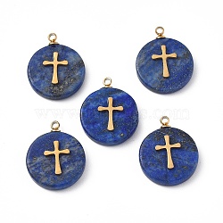 Natural Lapis Lazuli Pendants, Flat Round with PVD Vacuum Plating 201 Stainless Steel Cross Pattern, Real 18K Gold Plated, 18.5~19.5x14.5~15x3~4mm, Hole: 1.4mm(STAS-C064-VC862)