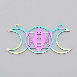 Ion Plating(IP) 201 Stainless Steel Connector Charms, Laser Cut Triple Moon Goddess Links, Religion, Flat Round with Star of David, Rainbow Color, 22x47x1mm, Hole: 1.5mm(STAS-S105-LA522)