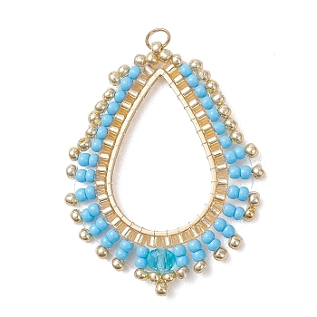 Glass Seed Beaded Pendnats, Teardrop Charms, with 201 Stainless Steel Linking Rings & 304 Stainless Steel Open Jump Rings, Deep Sky Blue, 38~39x29~30x2mm, Hole: 3mm