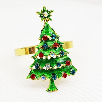 Christmas Tree Alloy Napkin Rings, with Colorful Rhinestone, Napkin Holder Adornment, Restaurant Daily Accessiroes, Golden, 58x36mm, 33mm Inner Diameter