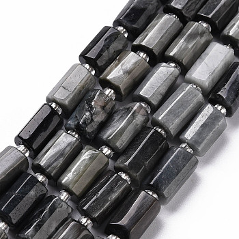 Natural Hawk's Eye Beads Strands, Eagle Eye Stone, Faceted, Column, 8~11x6~8x5~7mm, Hole: 1mm, about 15~17pcs/strand, 7.28~7.48 inch