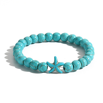 Men's Yoga Jewelry, Synthetic Turquoise Round Beads Stretch Bracelets, Starfish, Dark Turquoise