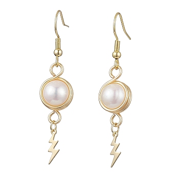 Natural Cultured Freshwater Pearl Dangle Earrings, Stainless Steel with Brass Charms, Lightning Bolt, 52x10.5mm