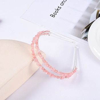 Double Row Cherry Quartz Glass Chip Hair Bands, Hair Accessories for Bridal, with Metal Hair Hoop, 150x125x23mm