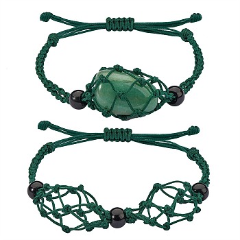 Adjustable Braided Nylon Cord Macrame Pouch Bracelet Making, with Glass Beads, Dark Green, Inner Diameter: 1-7/8~3-1/4 inch(4.7~8.4cm), 2 styles, 1pc/style, 2pcs/set