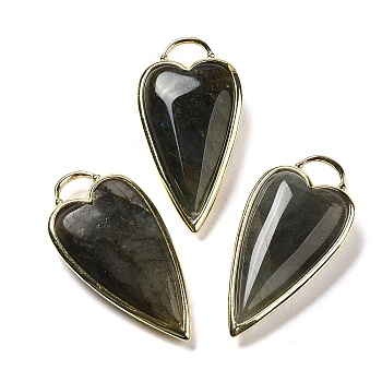 Natural Labradorite Pendants, Rack Plating Brass Heart Charms, Golden, 38x19x7.3~7.8mm, Hole: 4.7x6.5mm