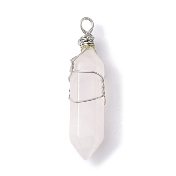 Natural Rose Quartz Copper Wire Wrapped Faceted Pendants, Double Terminated Pointed Bullet Charms, Silver, 39x10.5x10mm, Hole: 3mm