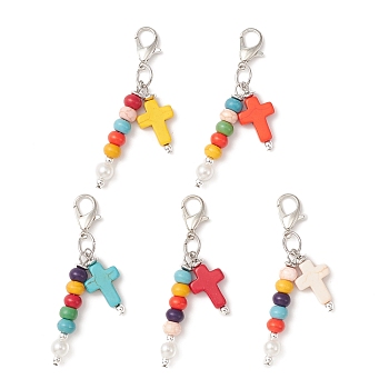 Cross & Round Synthetic Turquoise Pendant Decoration, with ABS Plastic Imitation Pearl Round Beads and Zinc Alloy Lobster Claw Clasps, Mixed Color, 59mm