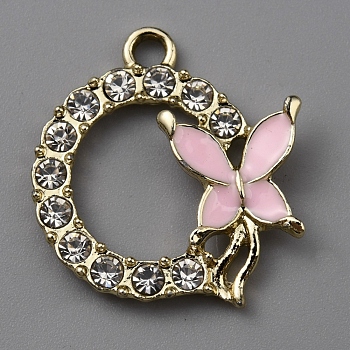 Alloy Enamel Pendants, with Rhinestone, Flat Round with Butterfly Charm, Light Gold, Pink, 22x20x3mm, Hole: 2mm