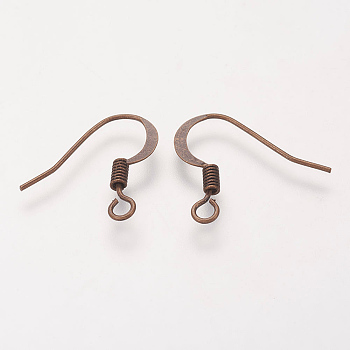 Brass French Earring Hooks, Flat Earring Hooks, Ear Wire, with Horizontal Loop, Nickel Free, Red Copper, 17mm, Hole: 2mm, 21 Gauge, Pin: 0.7mm