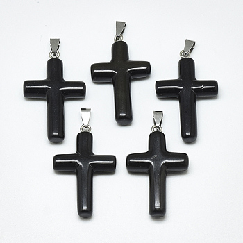 Natural Black Gemstone Pendants, with Stainless Steel Snap On Bails, Cross, Stainless Steel Color, 44~46x28x8mm, Hole: 3~4x7~8.5mm