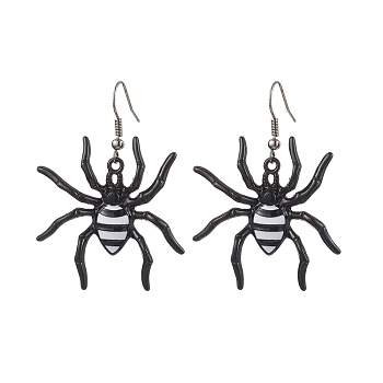 Halloween Themed Spider Alloy Enamel Dangle Earrings, with Iron Earring Hooks, Black, Platinum, 48x35mm