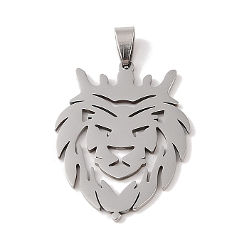 Non-Tarnish 201 Stainless Steel Pendants, Stainless Steel Color, Hollow, Animal Charm, Lion, 40.5x30x1.5mm, Hole: 4x7mm