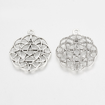 Tibetan Style Alloy Pentacle Pendants, Wicca Pendants, Flower with Star, Antique Silver, 32x28x2mm, Hole: 2mm