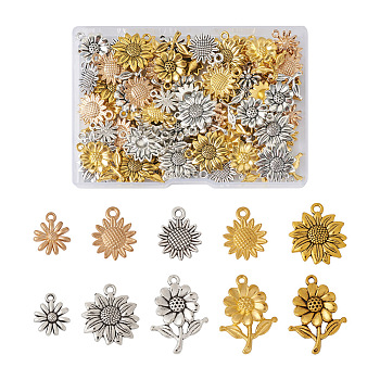 100Pcs 10 Style Alloy Pendants, Sunflower, Mixed Color, 14.5~27x12~19x2~3.5mm, Hole: 1.4~2mm, 10pcs/style
