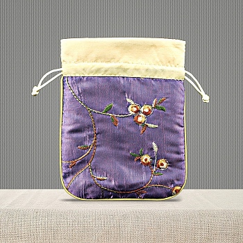 Chinese Style Brocade Drawstring Gift Blessing Bags, Jewelry Storage Pouches for Wedding Party Candy Packaging, Rectangle, Medium Purple, 15x12cm