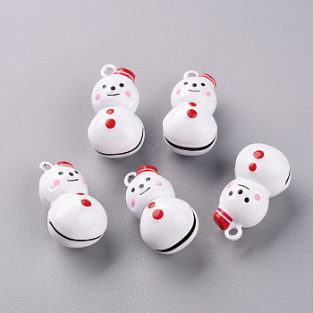 Baking Painted Brass Bell Pendants, Christmas Snowman, Red, 26.5x15x14mm, Hole: 2mm