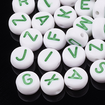 Craft Acrylic Beads, Horizontal Hole, Flat Round with Letter, White, 7x3.5mm, Hole: 1.2mm, about 3700pcs/500g