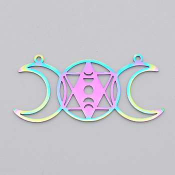 Ion Plating(IP) 201 Stainless Steel Connector Charms, Laser Cut Triple Moon Goddess Links, Religion, Flat Round with Star of David, Rainbow Color, 22x47x1mm, Hole: 1.5mm